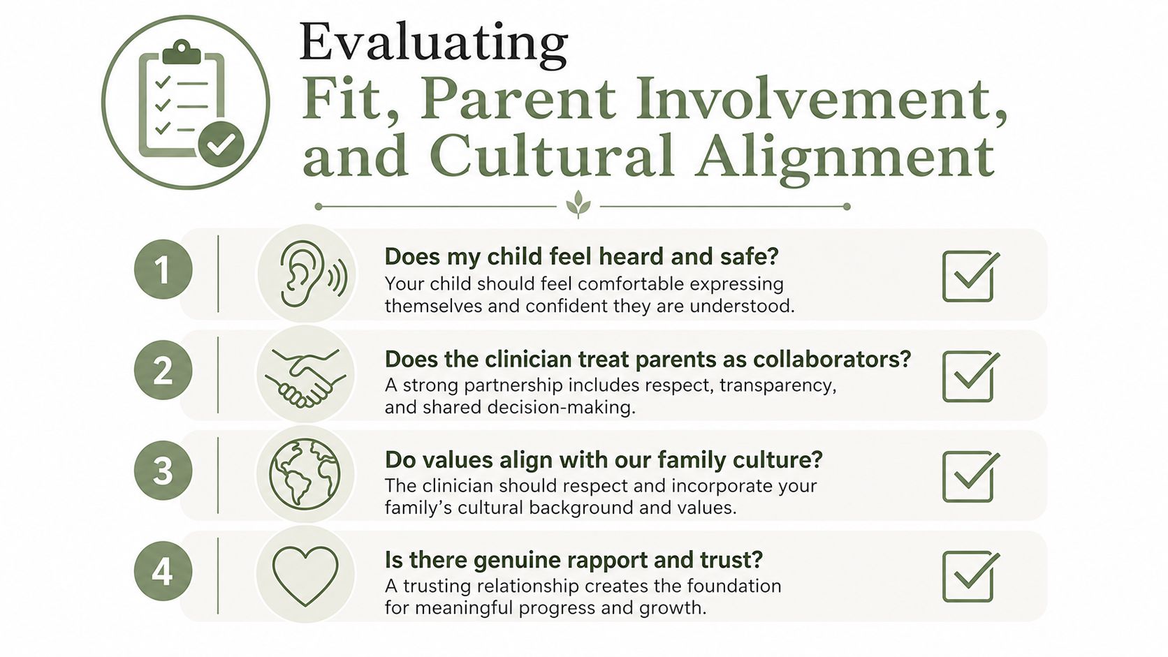 A checklist infographic titled Evaluating Fit, Parent Involvement, and Cultural Alignment when choosing a child therapist.