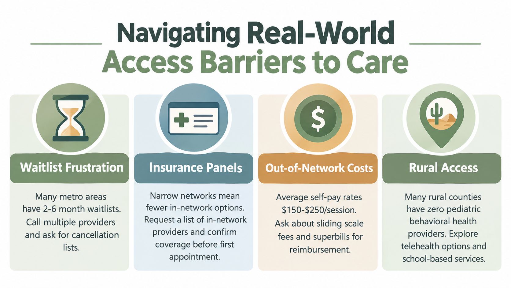An infographic titled Navigating Real-World Access Barriers to Care, outlining challenges like waitlists, insurance, costs, and rural access.