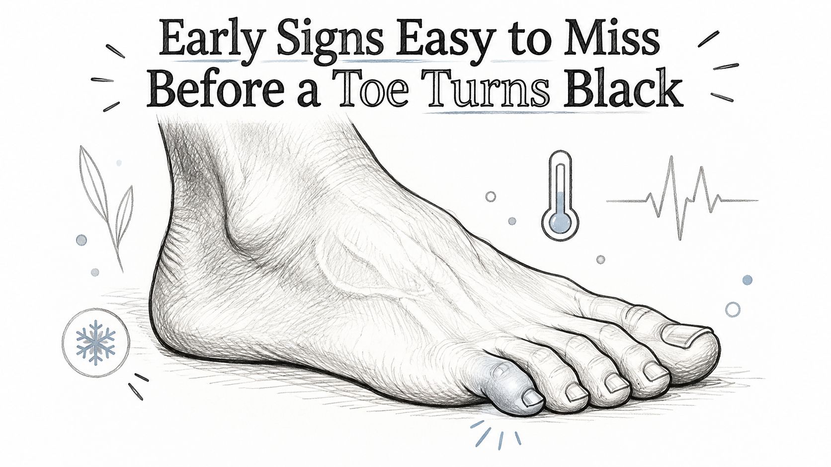 A pencil sketch of a human foot highlighting early symptoms of tissue damage or potential gangrene.