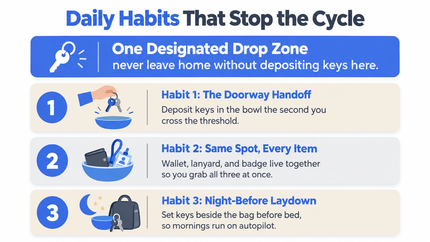 A visual guide illustrating three daily habits to help you stop losing your house and car keys.