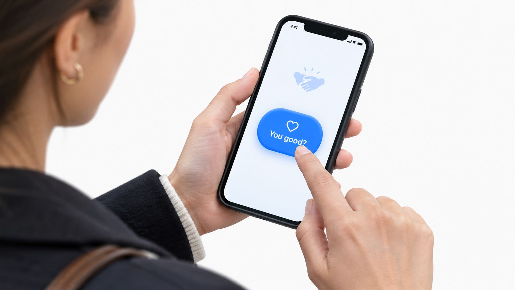 A person using a smartphone with a wellness application interface displaying a You good? message.