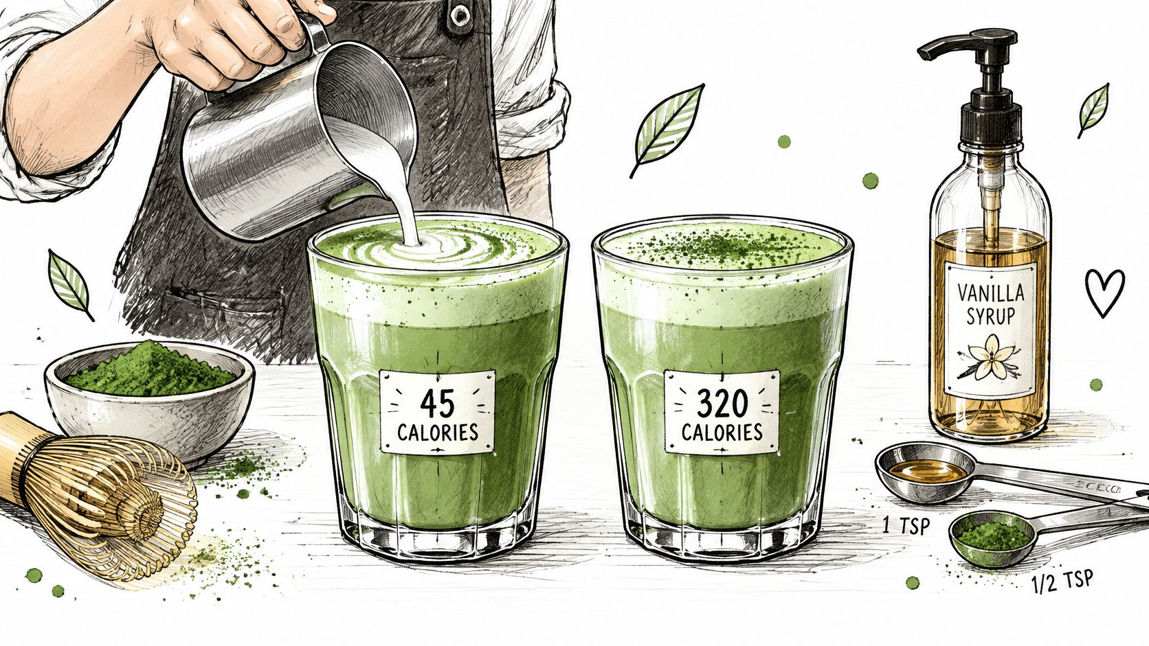 A hand pouring milk into a matcha latte, showing the calorie difference between simple and sweetened drinks.