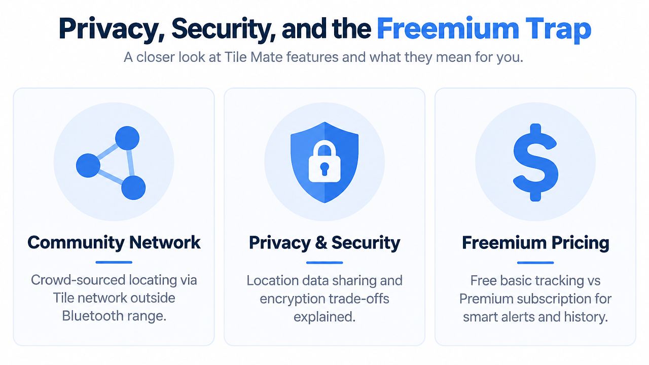 An infographic titled Privacy, Security, and the Freemium Trap summarizing features of the Tile Mate Bluetooth tracker.