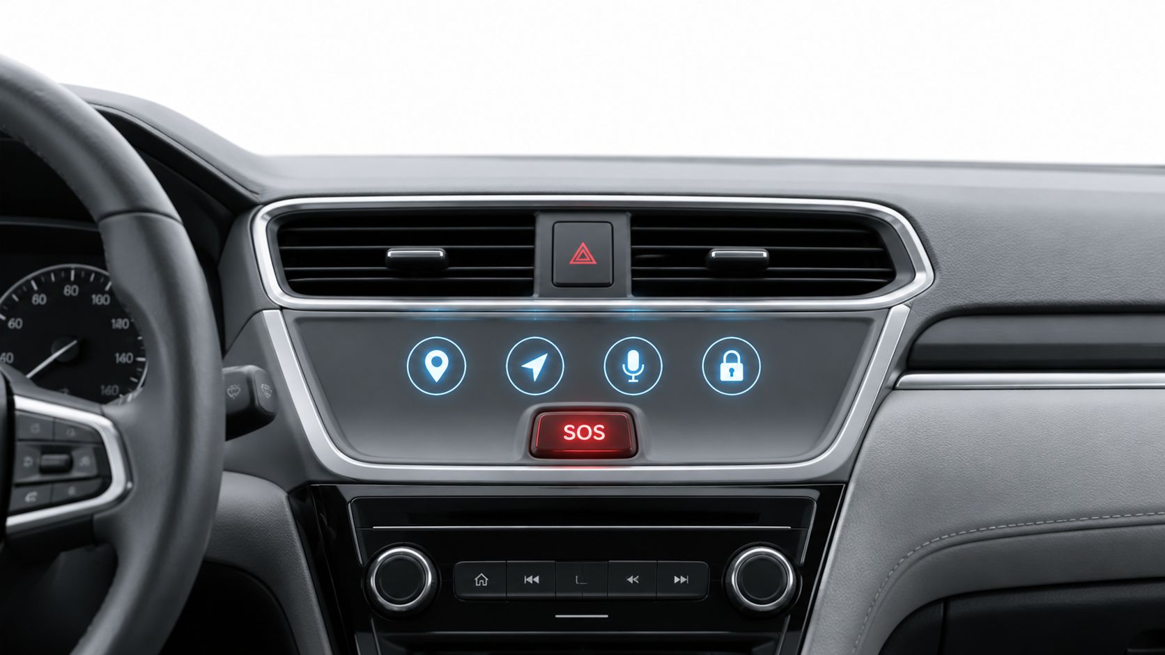 A close-up view of a car dashboard featuring a digital display with icons and a red SOS button.