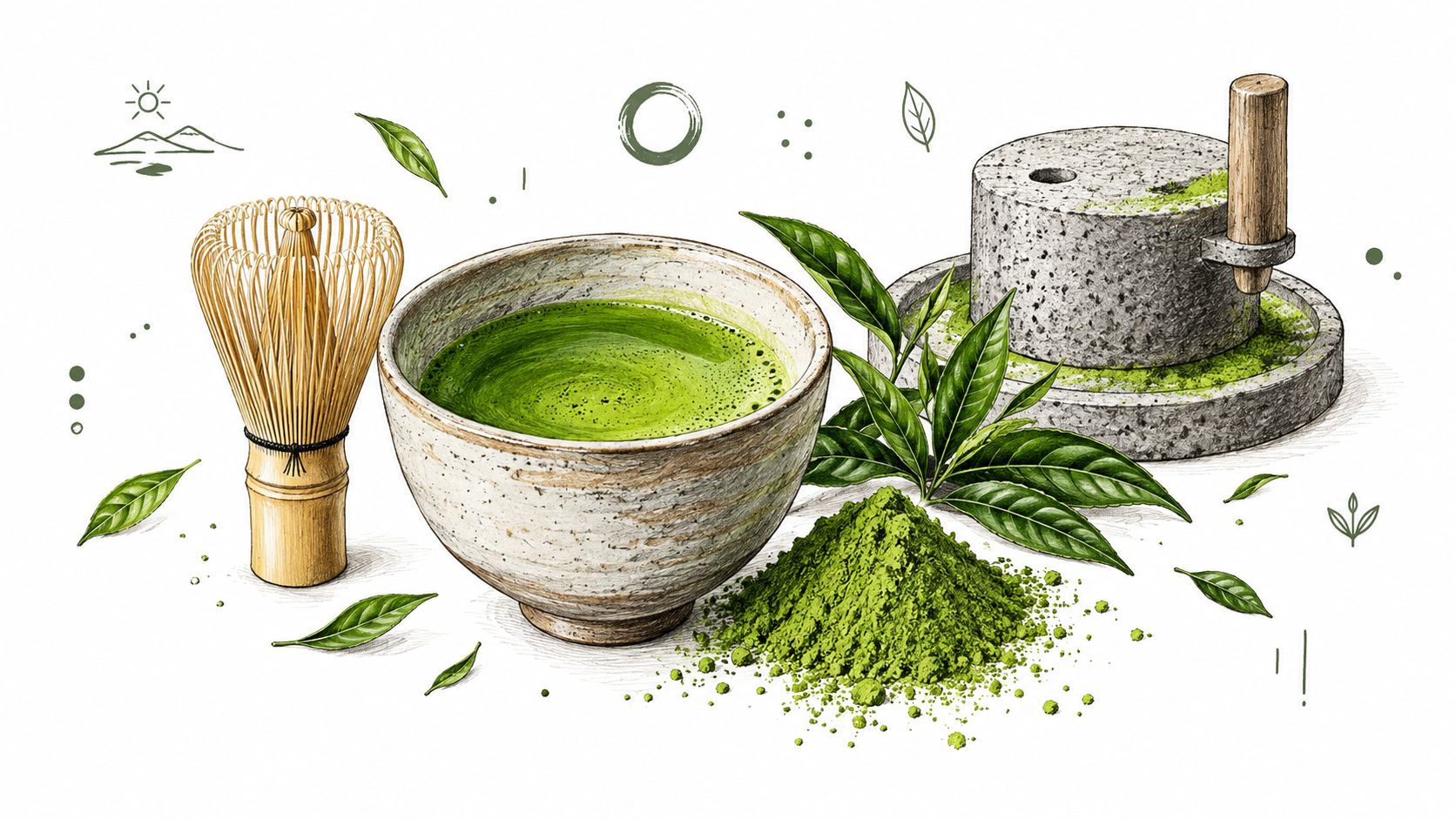 A traditional stone grinder next to a bowl of freshly whisked matcha, tea leaves, and matcha powder.