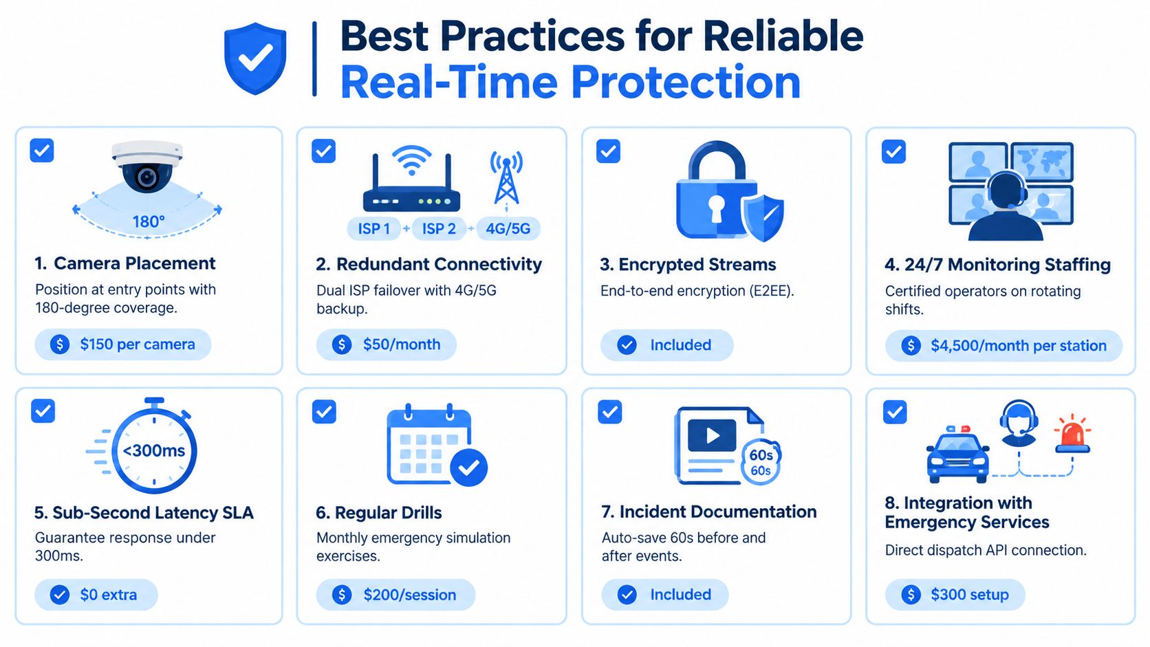 An infographic detailing eight best practices for ensuring reliable real-time security camera protection and monitoring services.