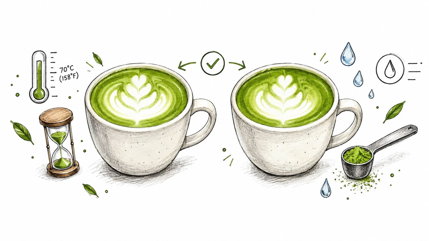 A hand-drawn illustration showing the steps for preparing a vegan matcha latte with temperature and ingredients.