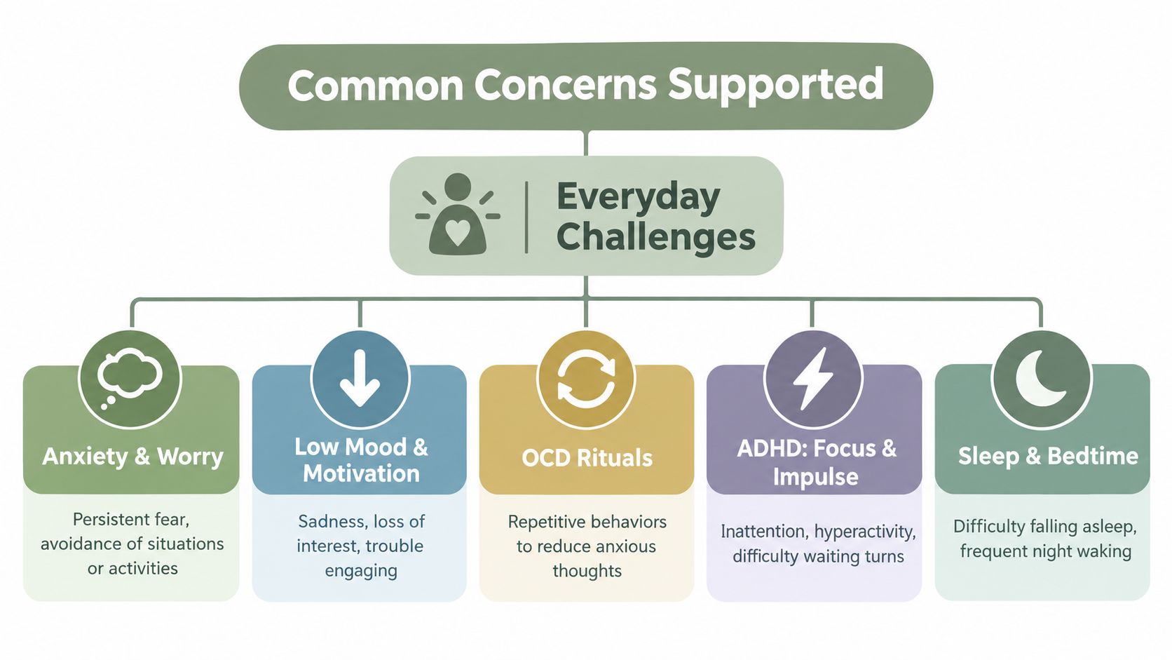 A diagram illustrating common pediatric therapy concerns including anxiety, low mood, OCD rituals, ADHD symptoms, and sleep difficulties.