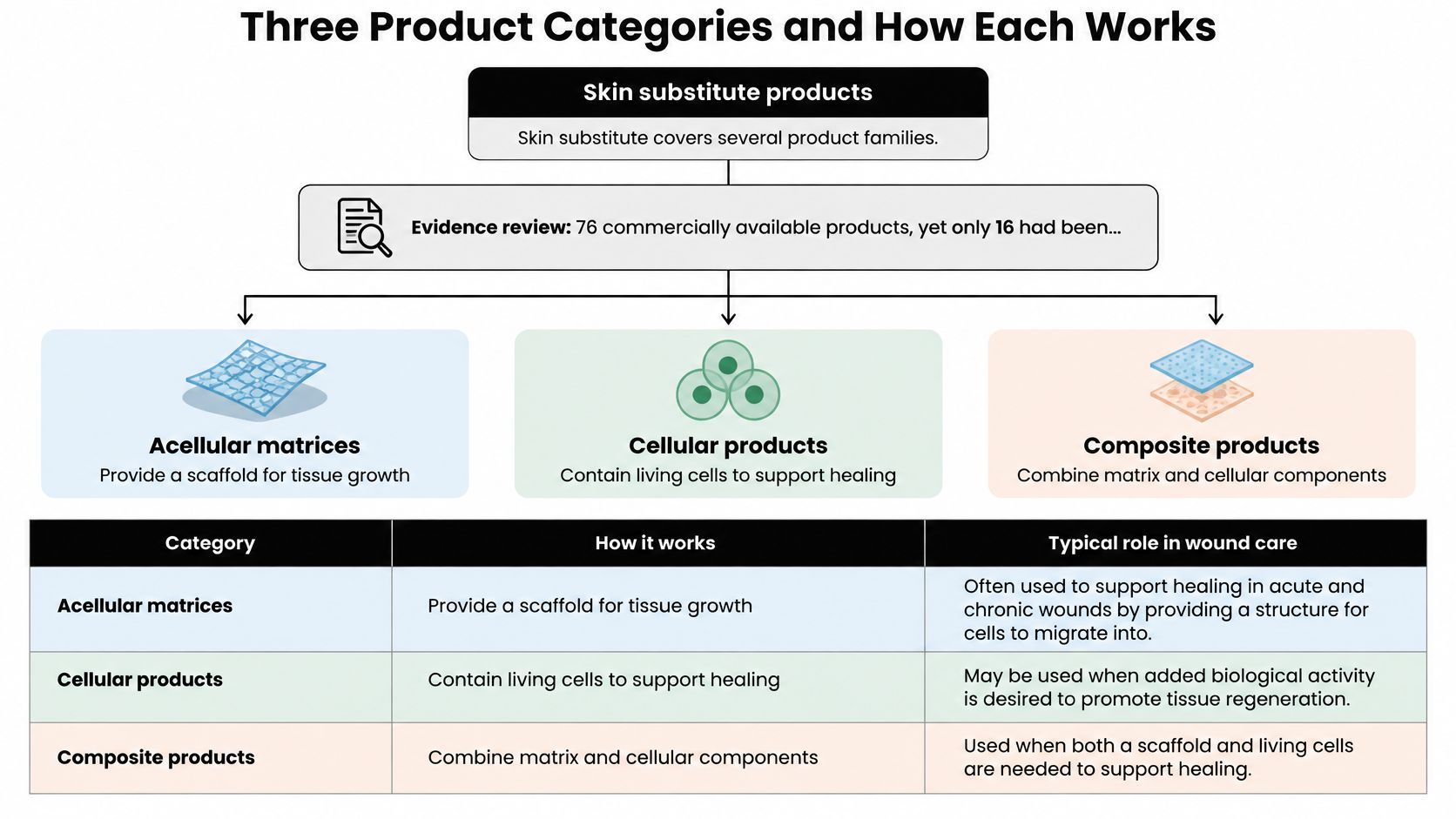 A diagram categorizing skin substitutes into acellular matrices, cellular products, and composite products for wound care.