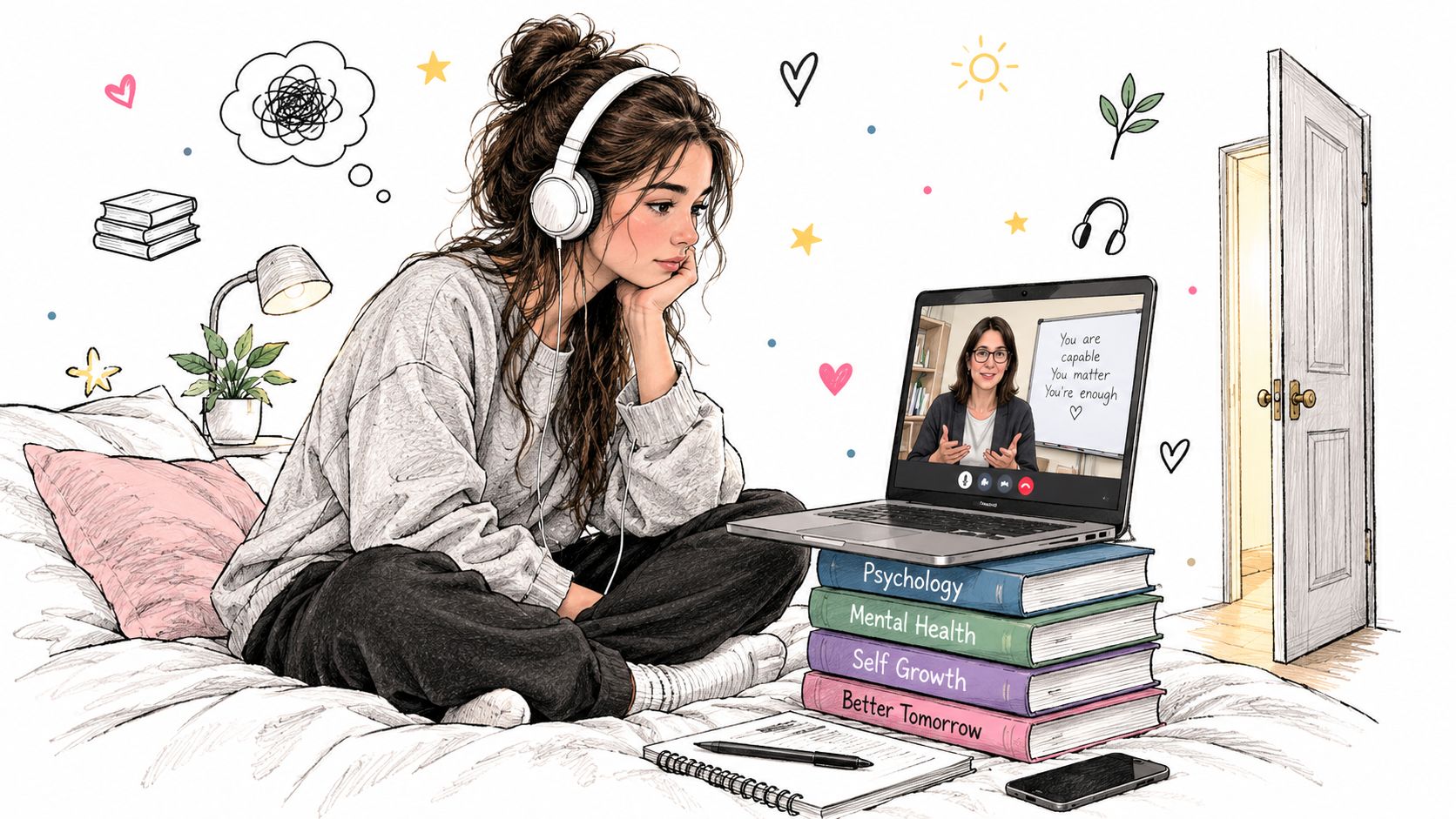 A teenage girl wearing headphones sits on her bed participating in an online mental health therapy session.