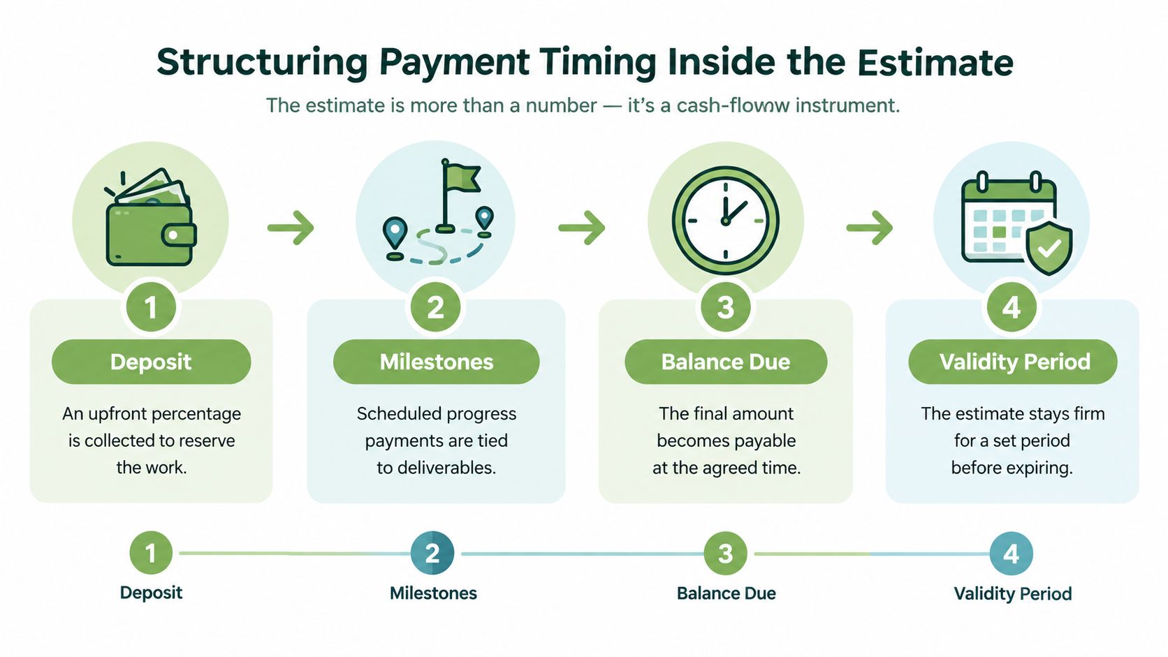 A four-step infographic illustrating how to structure payment timing within a project estimate for better cash flow.