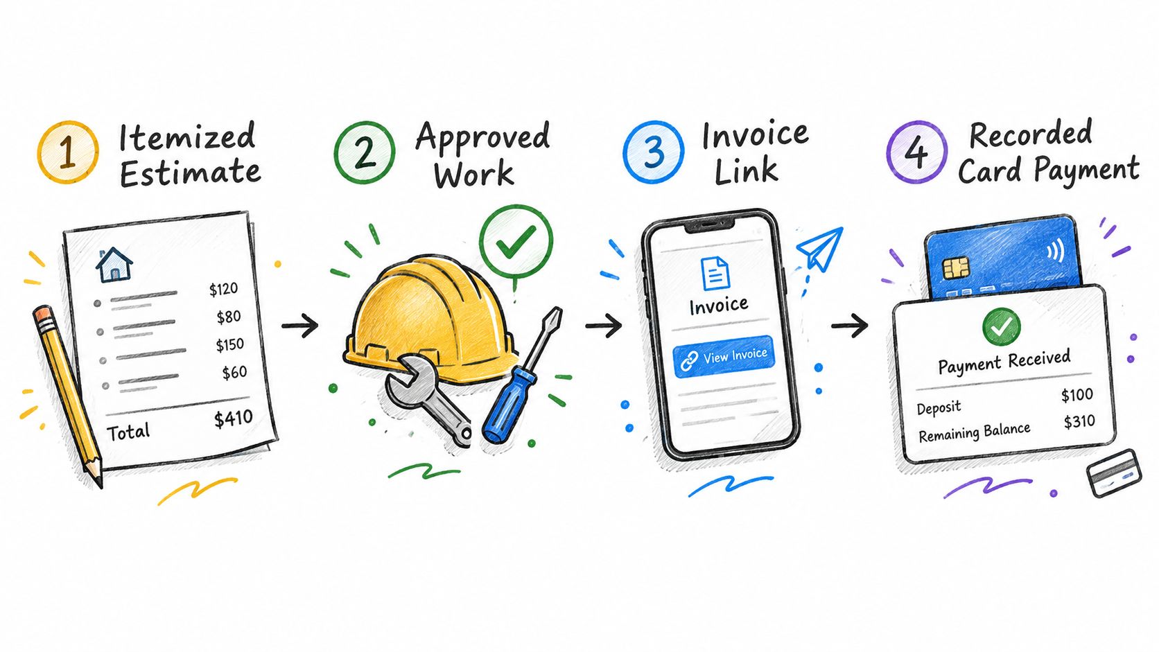A hand-drawn illustration showing the four-step process of creating an estimate, approving work, sending an invoice, and accepting payments.