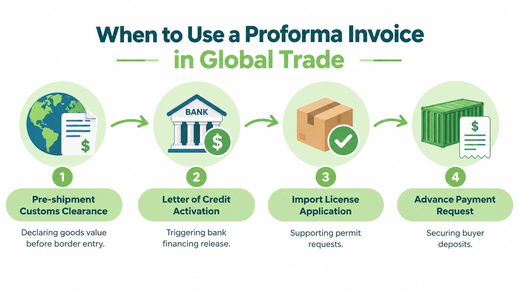 An infographic showing four common scenarios for using a proforma invoice in global trade transactions.