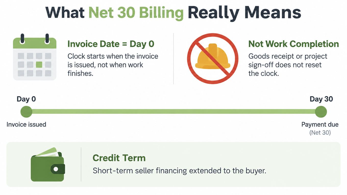 An infographic explaining that Net 30 billing begins when the invoice is issued, not upon project completion.