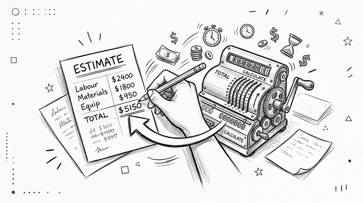 A hand writes a cost estimate on a document next to a vintage cash register illustration.