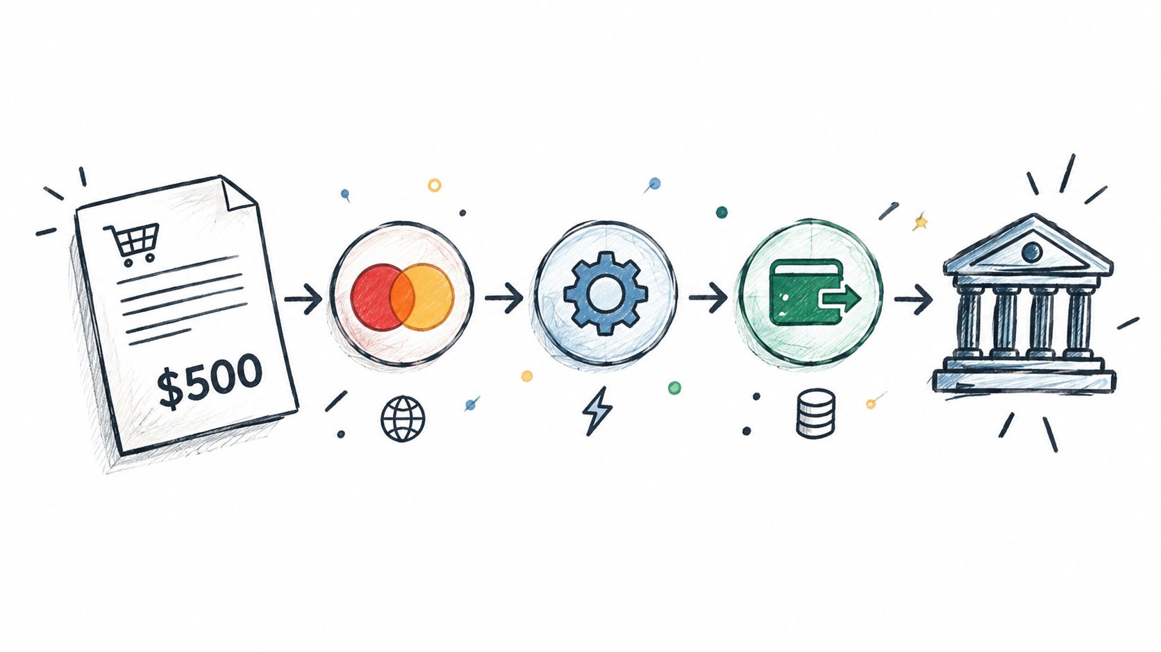A diagram illustrating the online credit card payment processing flow from a purchase to bank settlement.