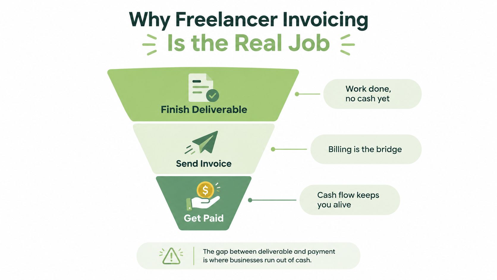 A funnel diagram illustrating the freelancer payment process from finishing deliverables to receiving compensation.