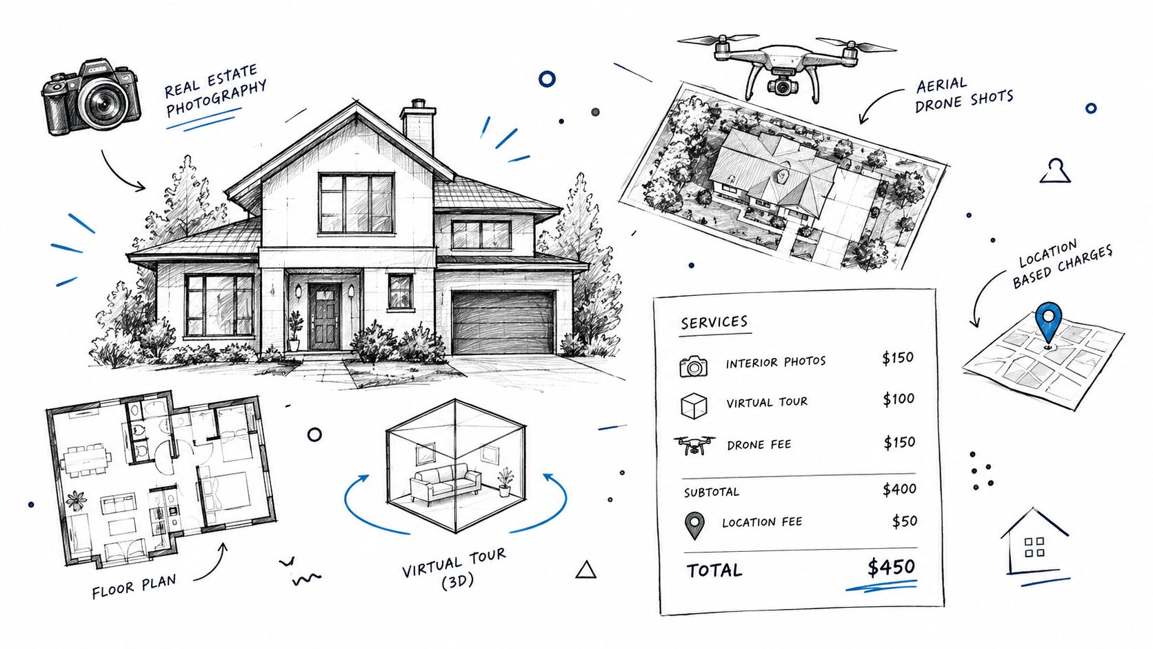 A hand-drawn sketch illustrating real estate photography services, virtual tours, drone shots, and a sample pricing invoice.