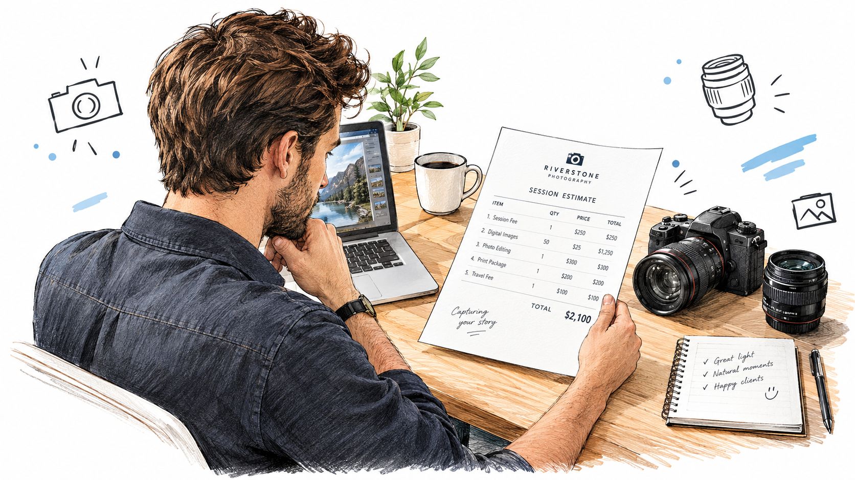 A photographer working at his desk reviewing a session estimate invoice for his professional photography business.