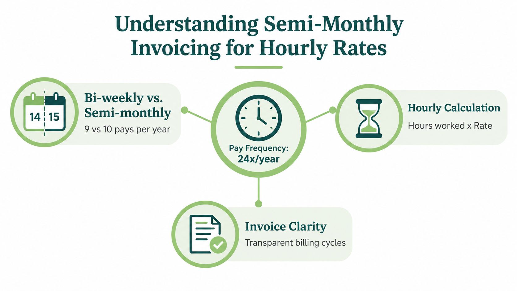 An infographic explaining semi-monthly invoicing for hourly rates, highlighting pay frequency and billing calculation methods.