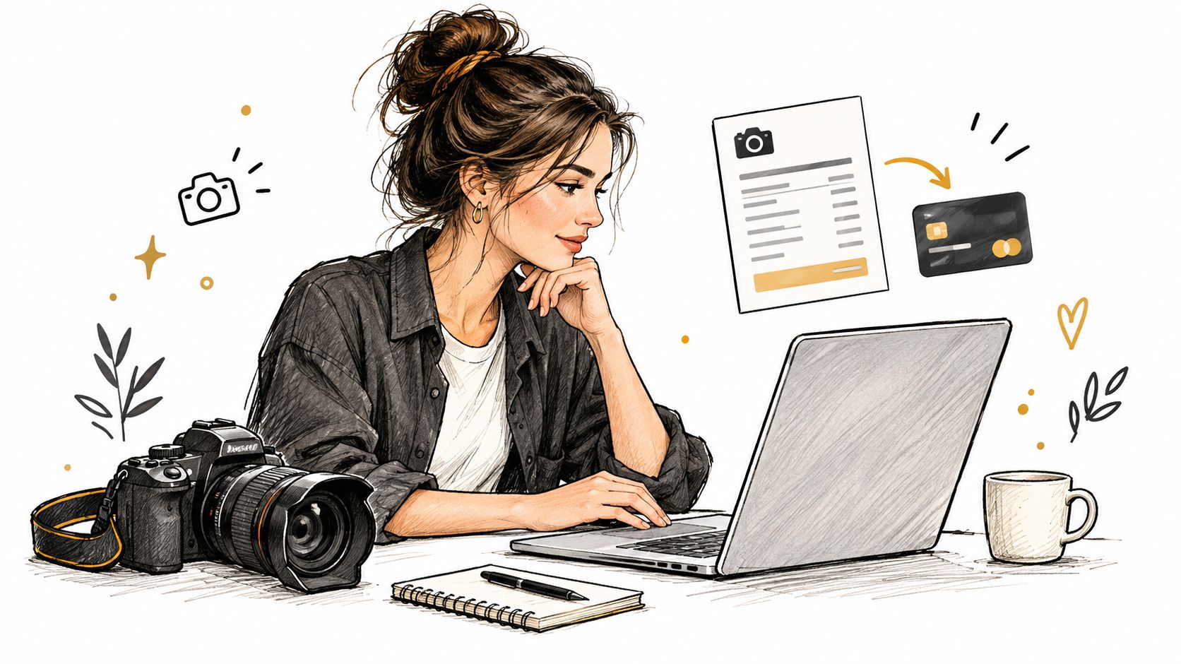 A female photographer sitting at a desk with a camera, laptop, and online payment icons.