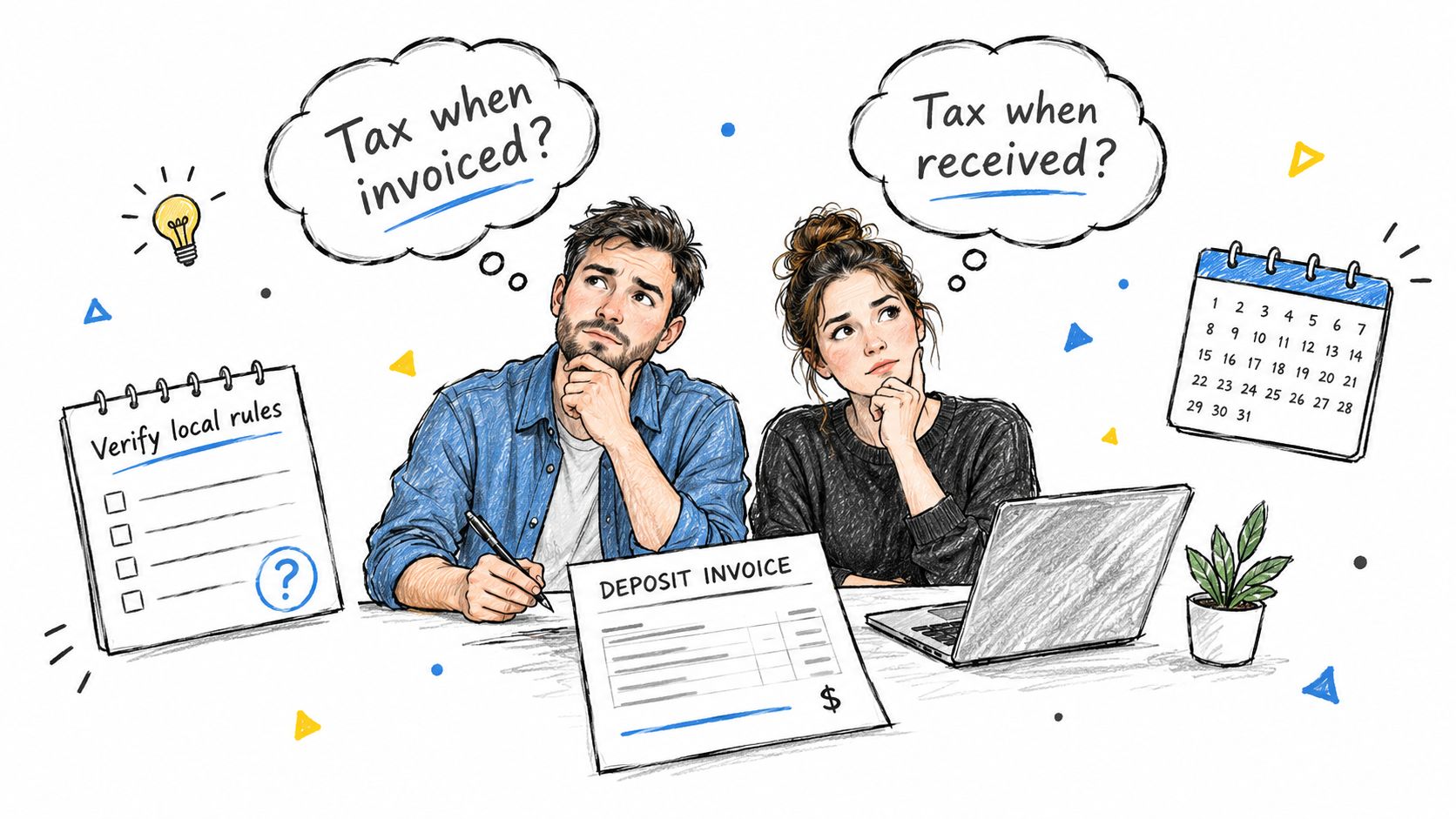A man and woman contemplating tax rules for a deposit invoice while working at a desk.