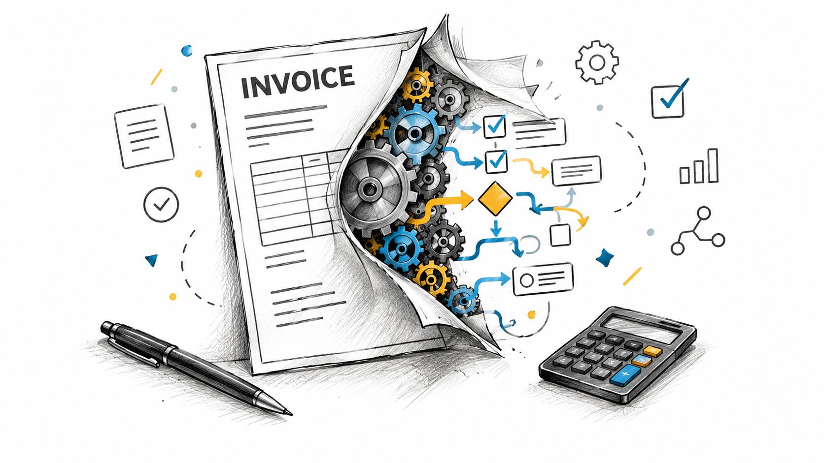 A digital illustration showing an invoice document being processed by gears and complex business workflow diagrams.