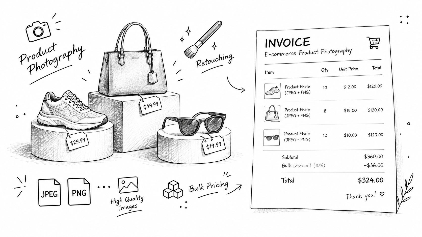 A hand-drawn illustration showing product photography items and a sample invoice for e-commerce services with pricing.