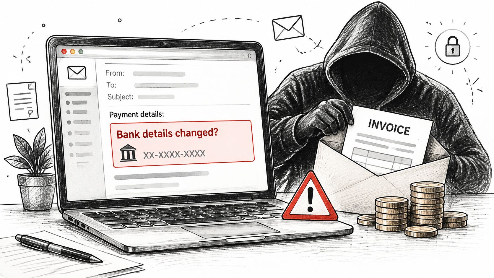 A digital illustration showing a cybercriminal hacking an invoice email to change bank payment details.