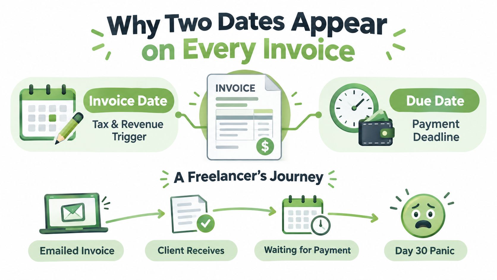 An infographic explaining the difference between invoice date and due date for freelance billing processes.