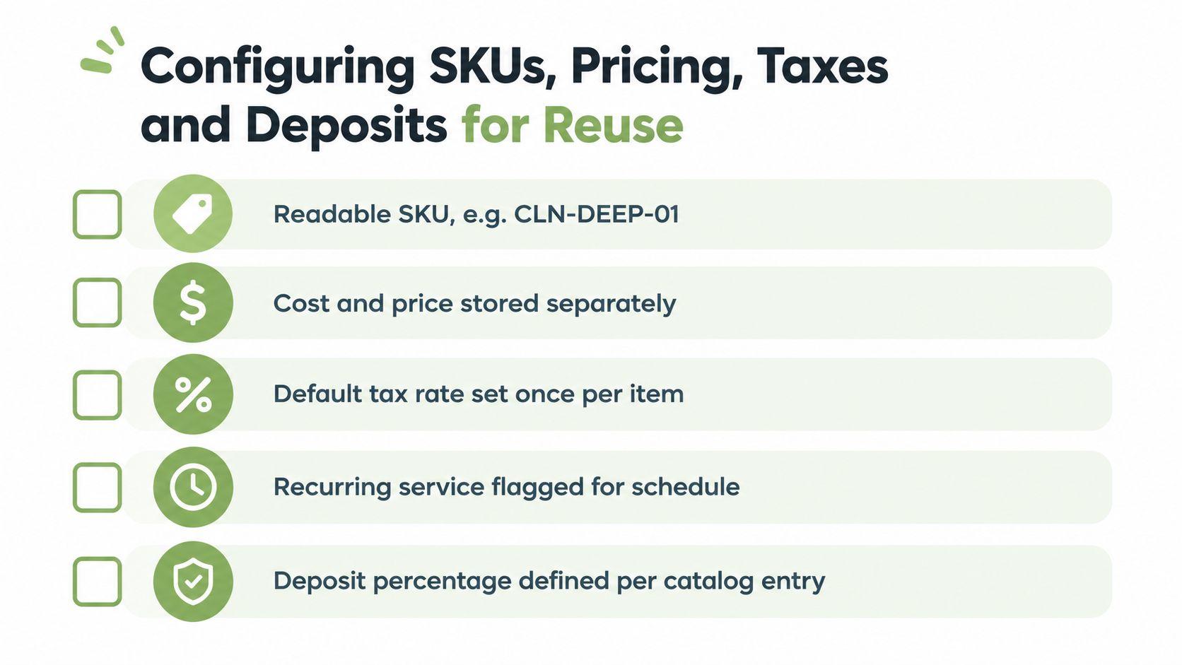 A checklist showing five key configurations for business billing software including SKUs, pricing, taxes, and deposits.