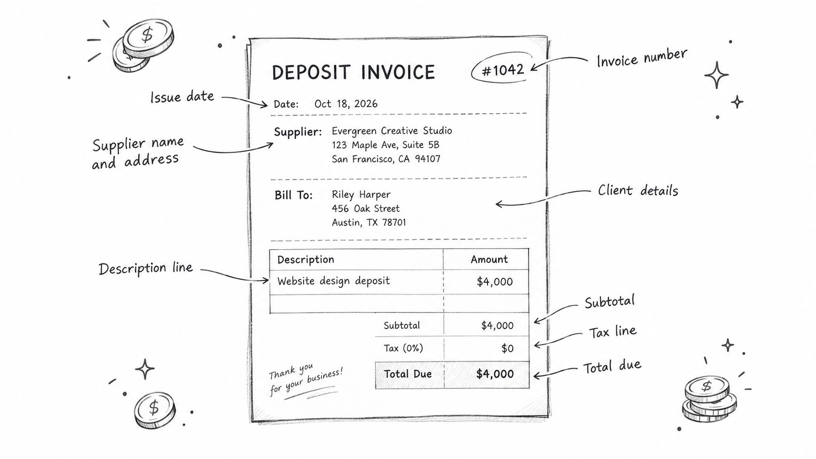 A hand-drawn illustration showing a template of a deposit invoice with fields for supplier and client details.