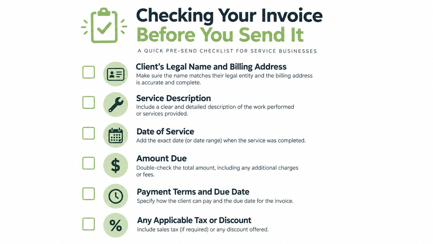 A checklist infographic titled Checking Your Invoice Before You Send It for service-based businesses to follow.