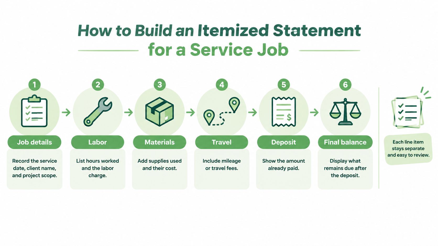 A six-step infographic showing how to build an itemized statement for a service job clearly.