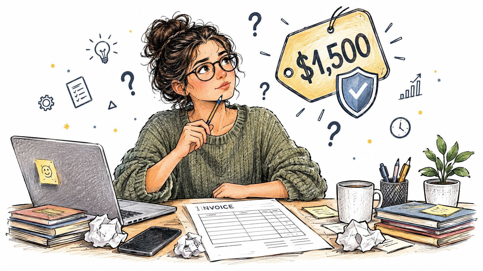 A thoughtful freelancer working at a desk with an invoice, laptop, and a conceptual 1500 dollar price tag.