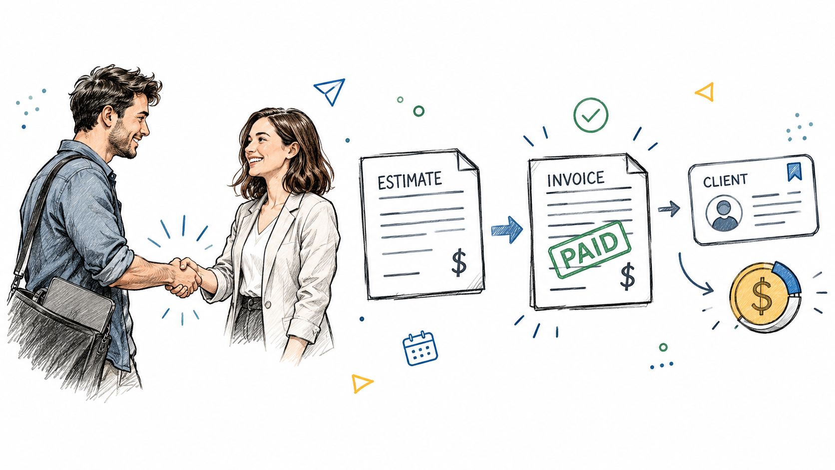 A professional man and woman shaking hands, representing a business workflow process from estimates to paid invoices.
