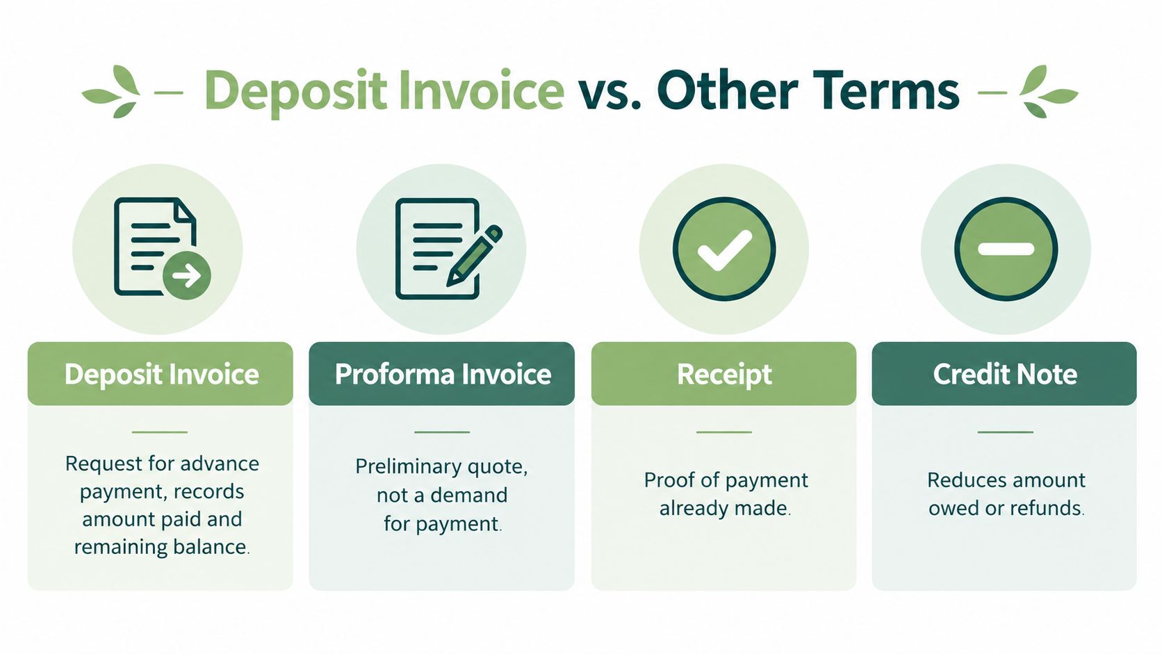 A comparison chart explaining the differences between a deposit invoice, proforma invoice, receipt, and credit note.