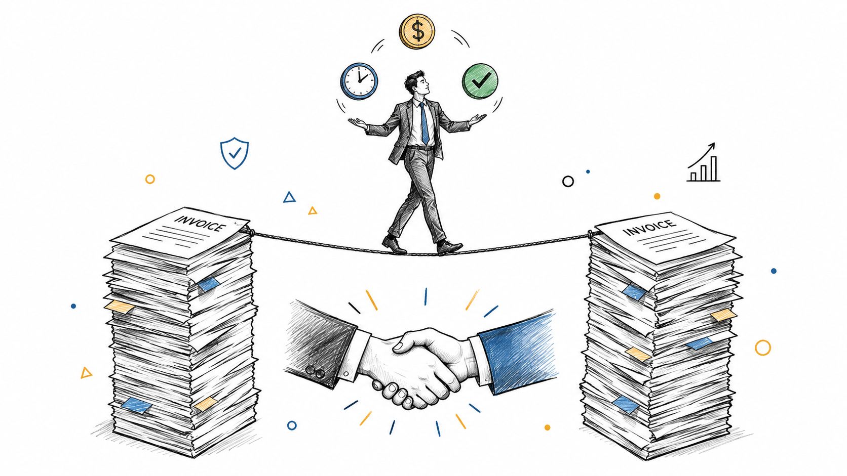 A businessman balancing on a rope between two stacks of invoices, depicting financial efficiency and successful deals.