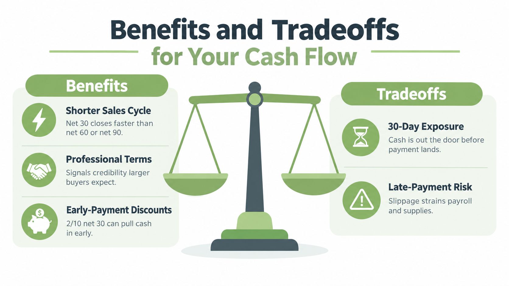 A visual comparison infographic weighing the benefits against the trade-offs of using net 30 billing terms.