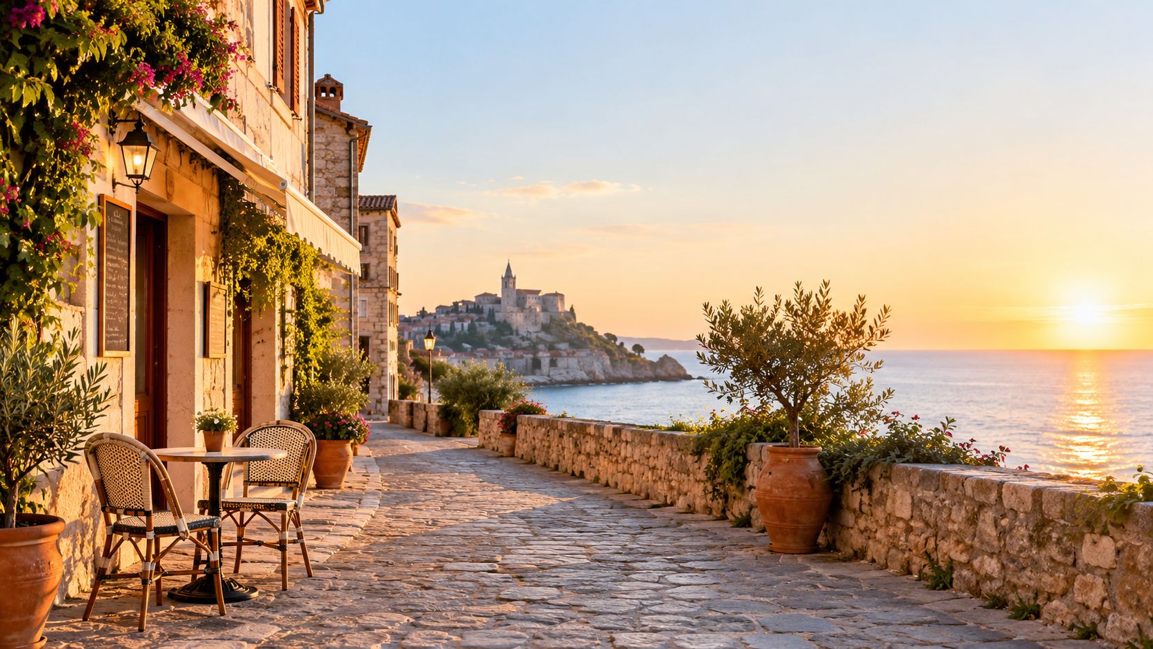 A scenic cobblestone terrace overlooking the sea at sunset with cozy outdoor dining furniture in a European village.