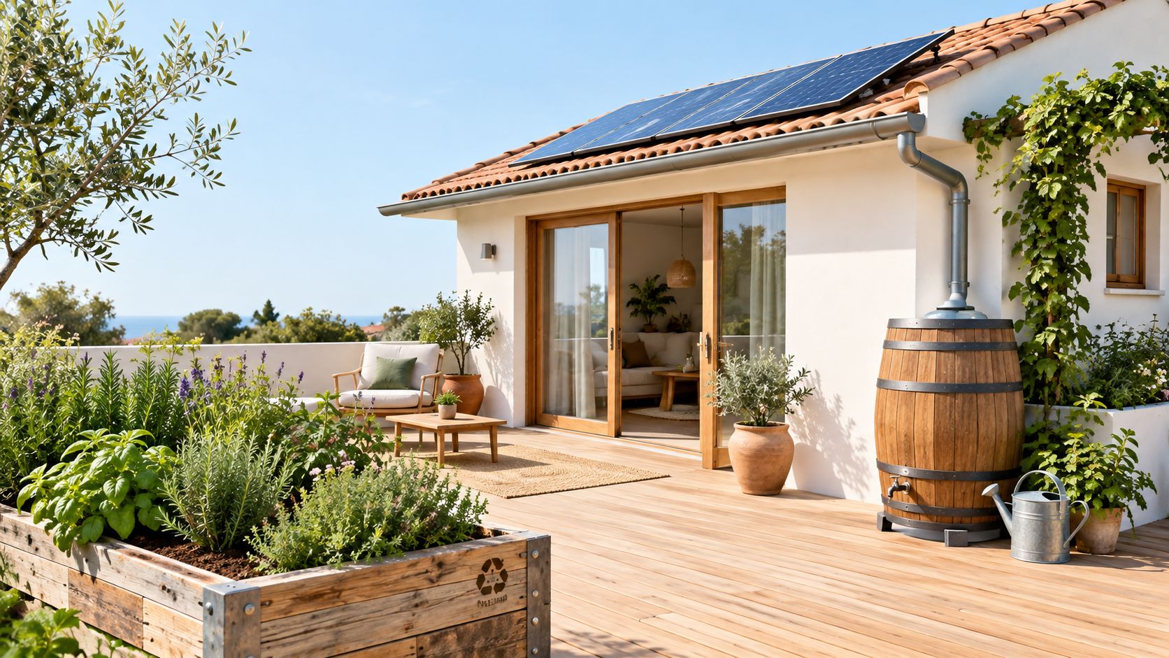 A modern sustainable home terrace featuring a wooden deck, rain barrel, solar panels, and organic garden.