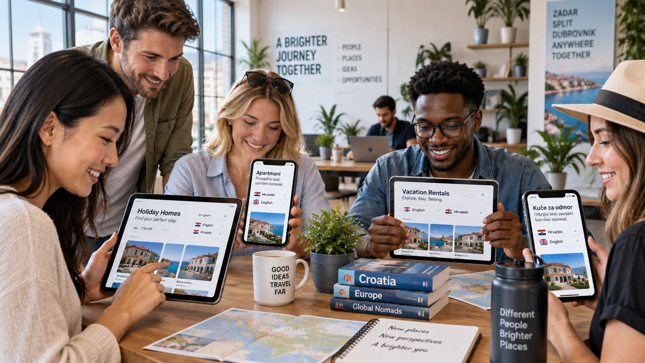 A diverse group of colleagues collaborating on a property rental website using tablets and smartphones.