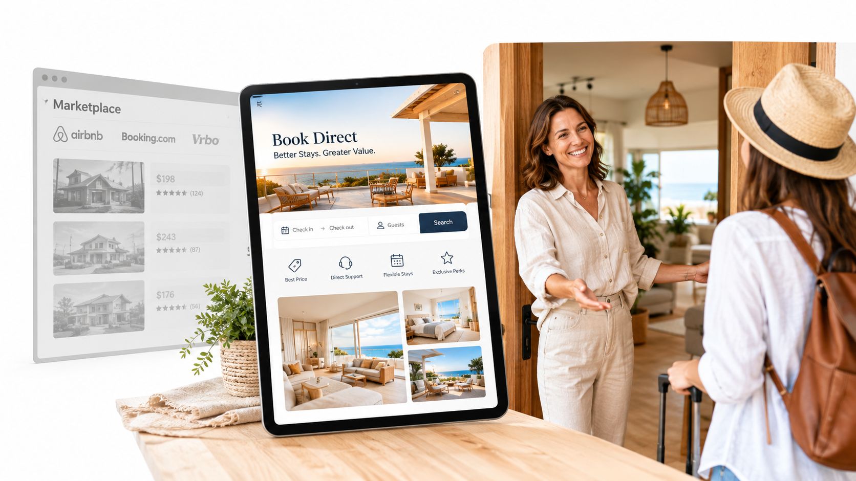 A tablet screen displays a direct booking website while a host welcomes a guest at a resort.