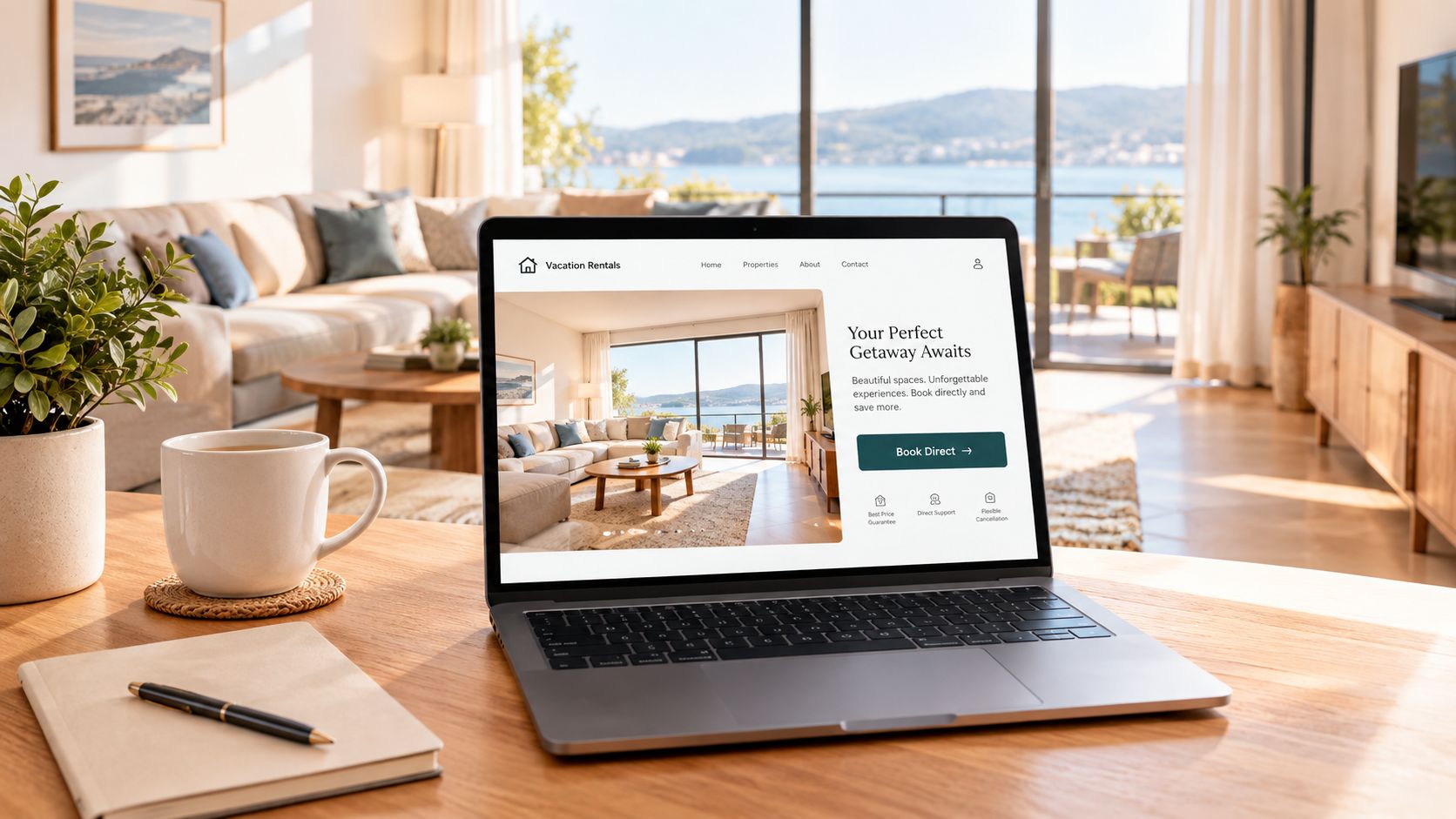 A modern laptop on a wooden desk showing a short term rental website for luxury vacation homes.