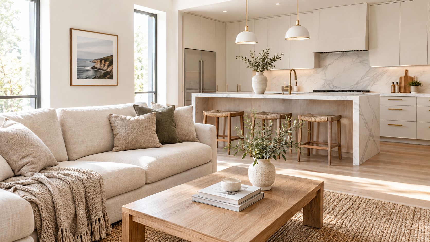 A bright, modern open-concept kitchen and living room featuring a beige sofa, wooden coffee table, and marble island.