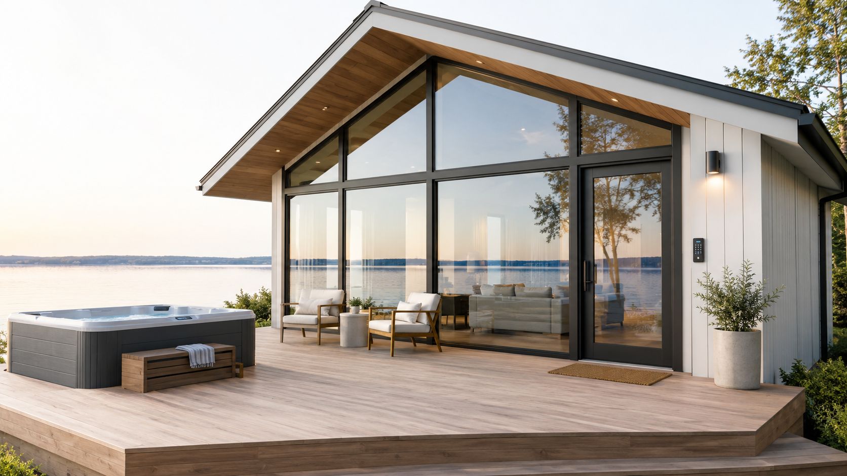 A modern lakefront cottage with a private deck, hot tub, and large windows overlooking the calm water.