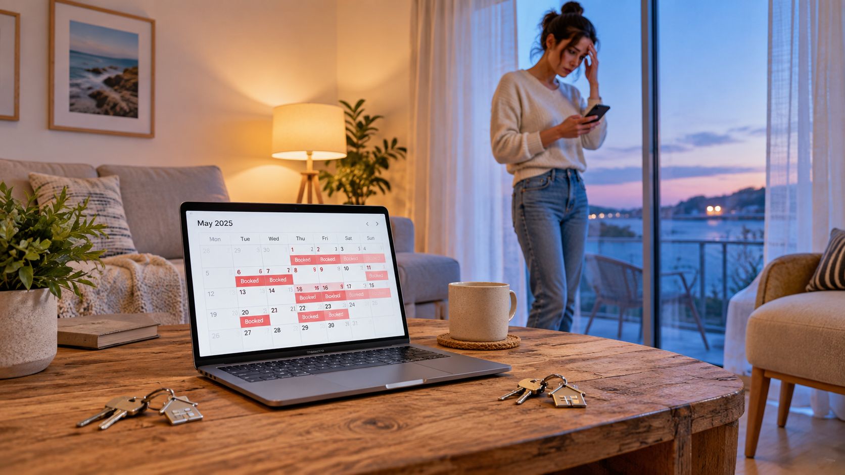 A concerned woman looks at her phone near a laptop displaying a vacation rental availability calendar.