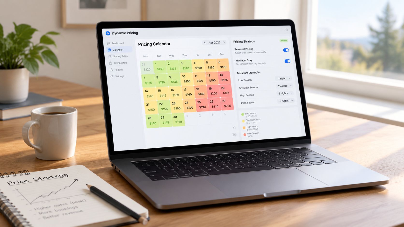 A laptop on a wooden desk displaying a dynamic pricing calendar for a short-term rental business.