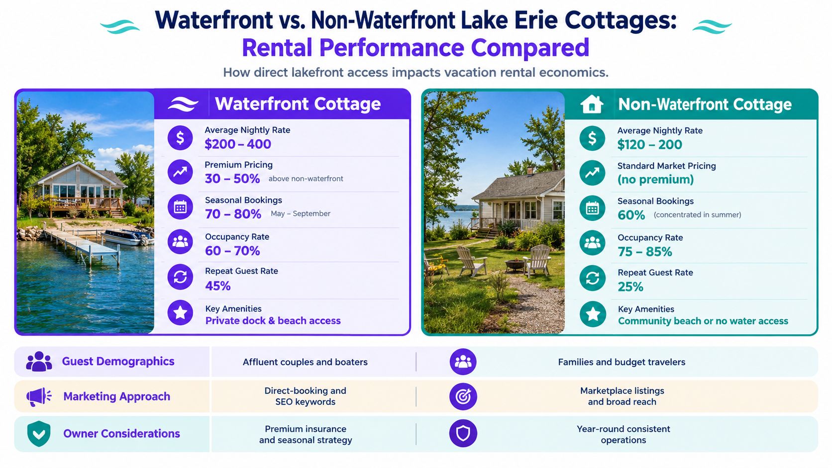 A comparison infographic showing rental performance metrics between waterfront and non-waterfront cottages on Lake Erie.
