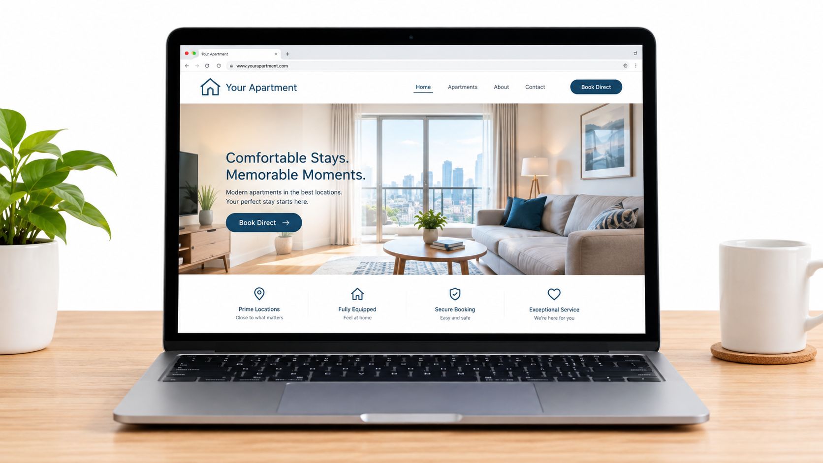 A modern laptop on a wooden desk displaying the Your Apartment website showcasing luxury rental accommodations.